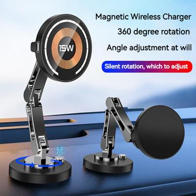Caricabatterie wireless magnetico per auto da 15 W, rotazione a 360°, supporto di ricarica pieghevole in metallo per Magsafe iPhone 16, 15, 14 Pro Max