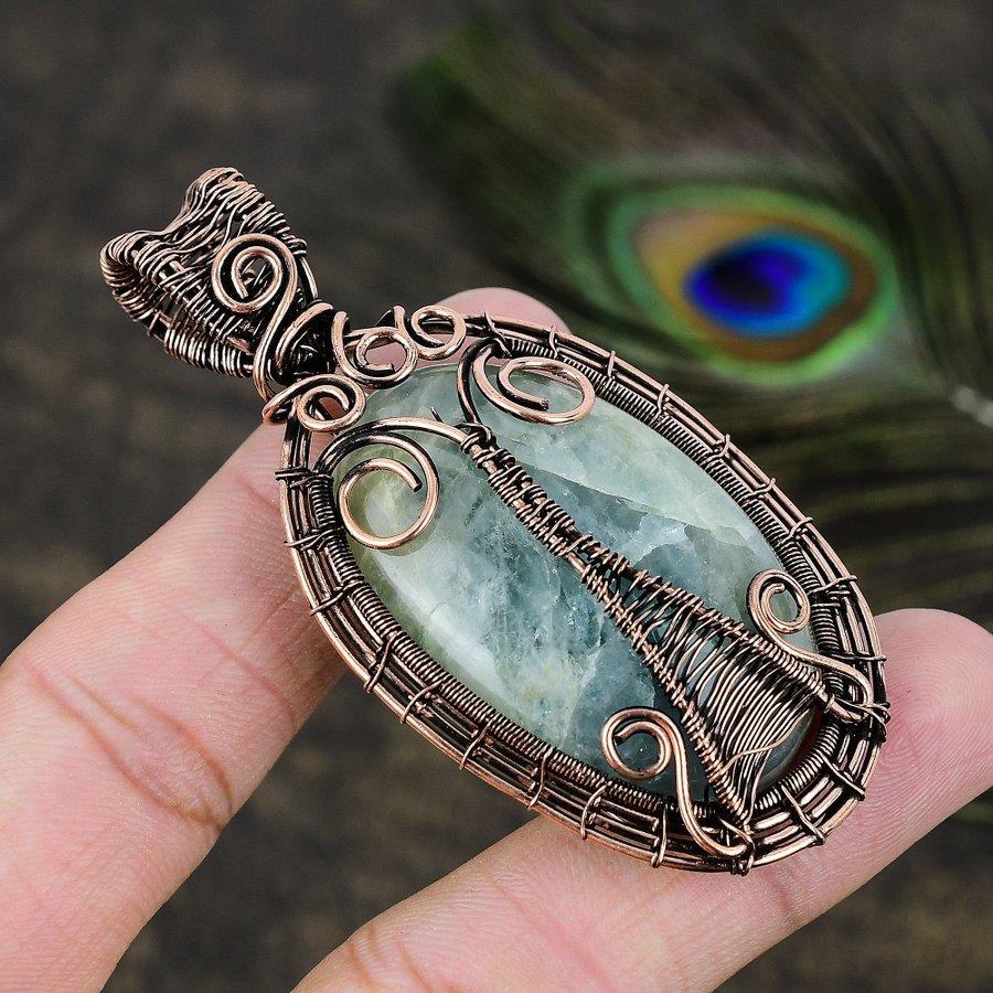 Aquamarine Gemstone Copper Wire Wrap Jewelry Pendant 2.96