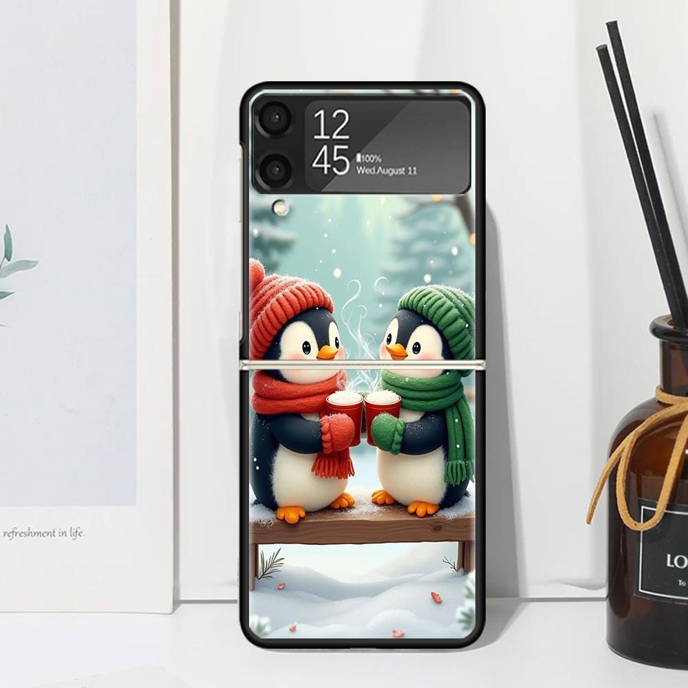Christmas Penguin Phone Case Cover for Samsung Galaxy Z Flip 7 6 5 4 3 5G Flip3 Flip4 Flip5 ZFlip6 ZFlip7 Black Fundas Galaxy Z