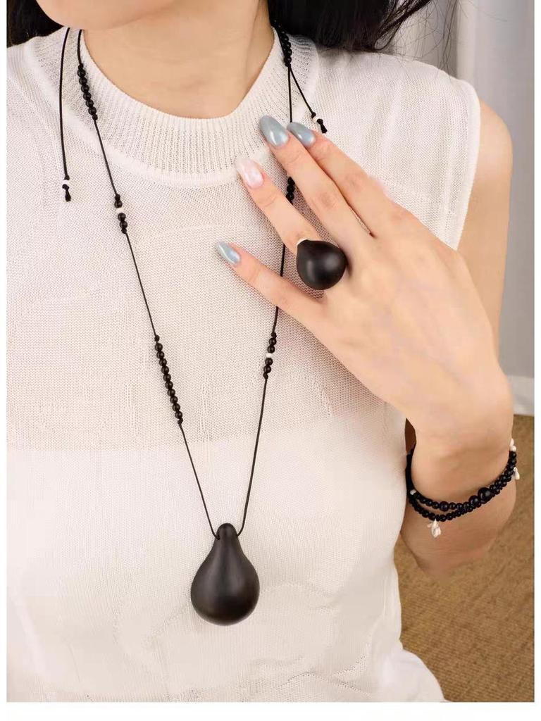 Xiaoyao Fruit Series Jewelry: Gourd & Ebony Boxwood Rope Buckle Pendant Necklace with High-End Earrings – Versatile Women's Accessories.