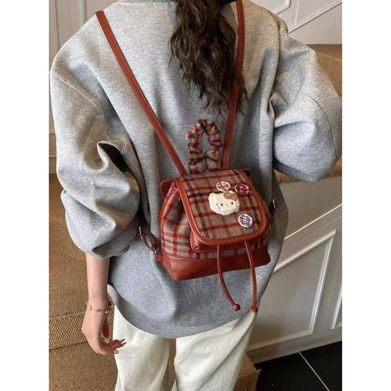 Hello Kitty Pu Backpack With Vintage Plaid Pattern For Commuting And Casual Outings