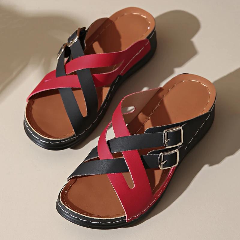 Fashion Mix Color Cross Strap Wedge Slippers Women Summer Non Slip Platform Sandals Woman Lightweight Soft Thick Sole Sandalias Mujer 43