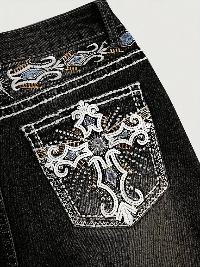 Jeans Donna Vita Alta Lavaggio Scuro Tasca Ricamata Vestibilità Slim Micro-Svasati