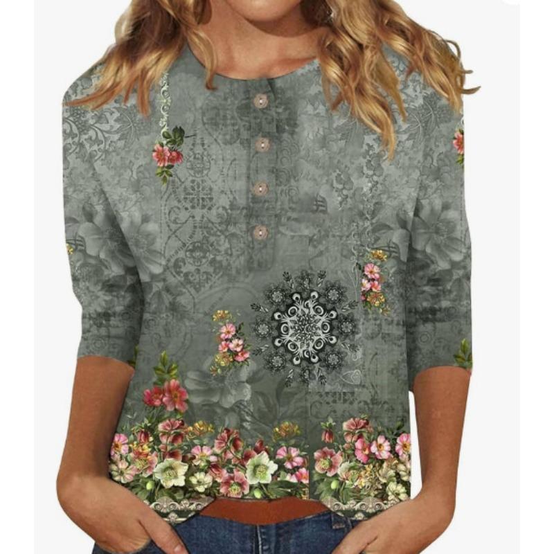 Button V-neck 3D Printed Top Fashionable Casual Long Sleeved Women's T-shirts