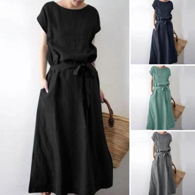 Women's Boho Cotton Linen Maxi Dress Summer Short Sleeve Round Neck Long