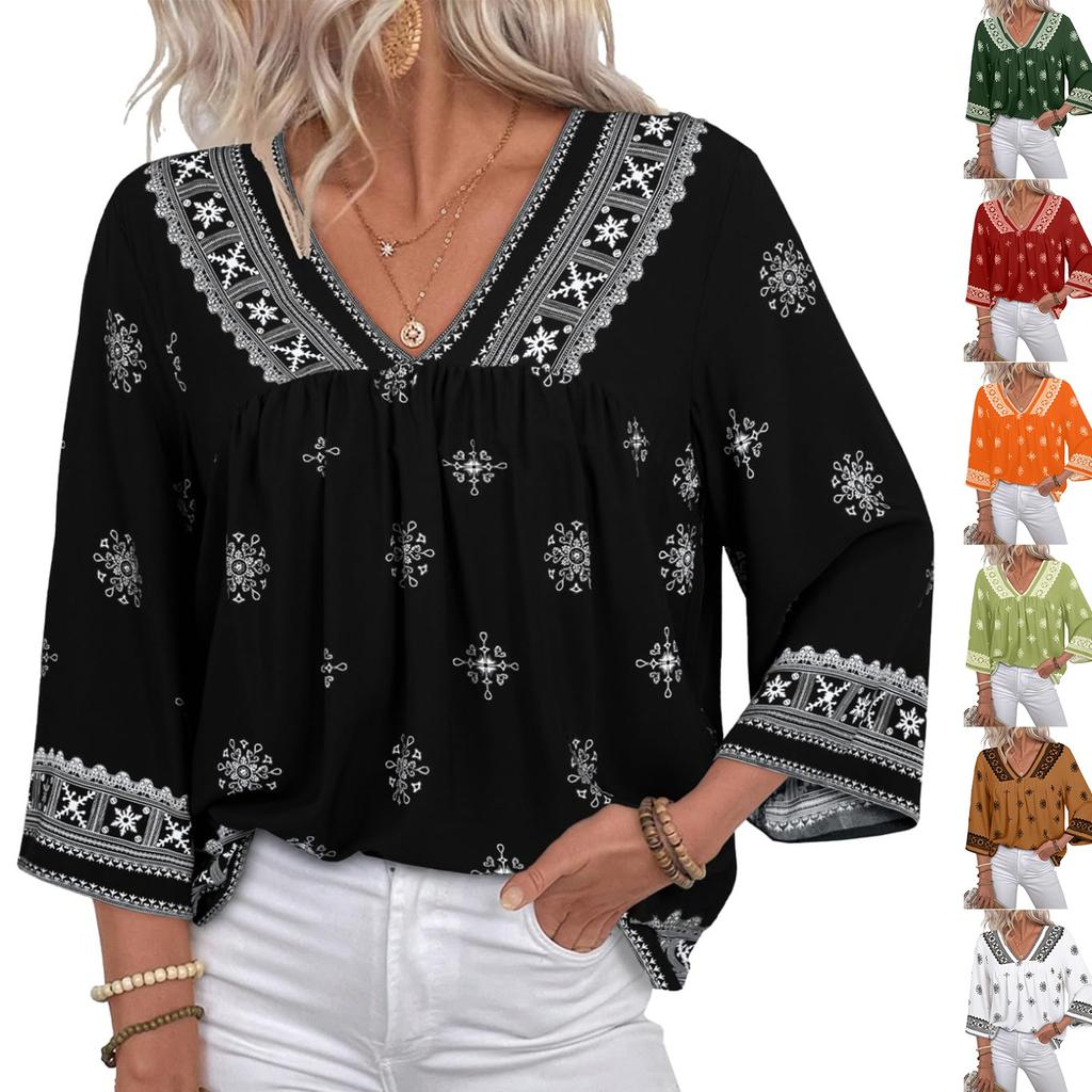 Ladies' Casual Retro Loose Bohemian Printed 3/4 Sleeve Shirt Top