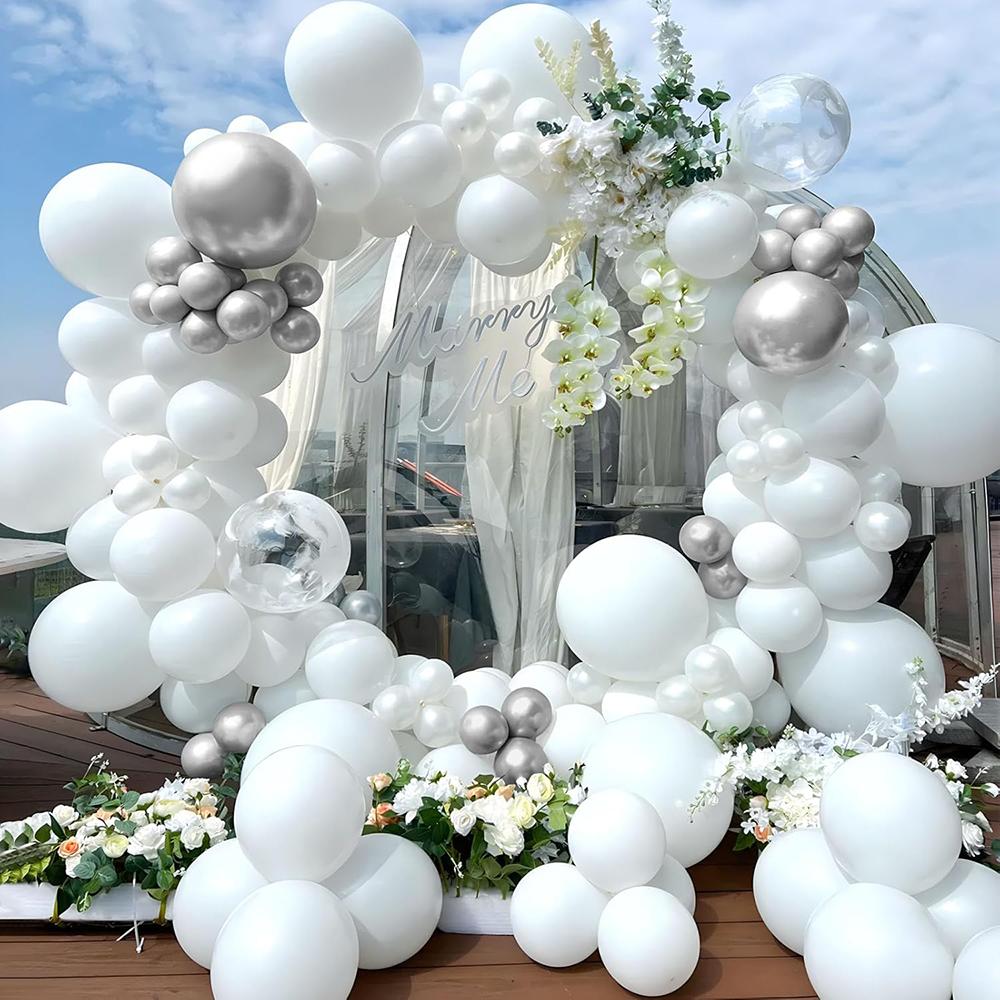 White Silver Balloons Garland Metallic Heart Silver  Foil Globos Balloon Arch Kit Baby Shower Birthday Party Wedding Decoration