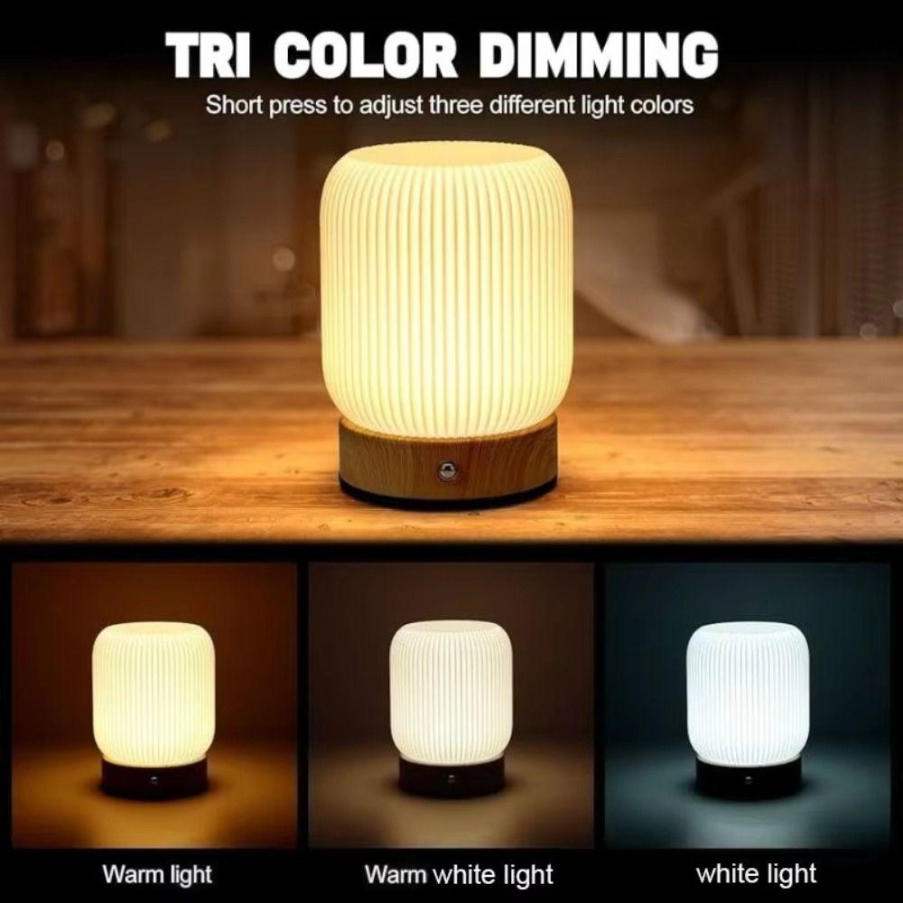 Wood Grain Base Touch Night Light 3 Color Temperatures Dimmable Bed Lamp Atmosphere Lighting