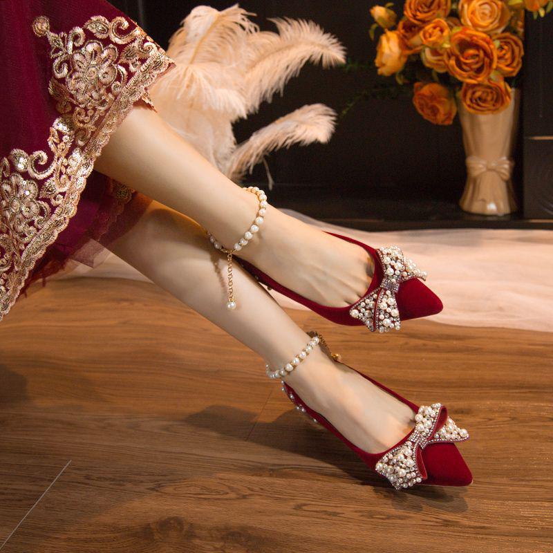 Pantofi de Nuntă Xiuhe cu Toc Înalt din Piele Suede Burgundy pentru Mirese și Femei Gravide