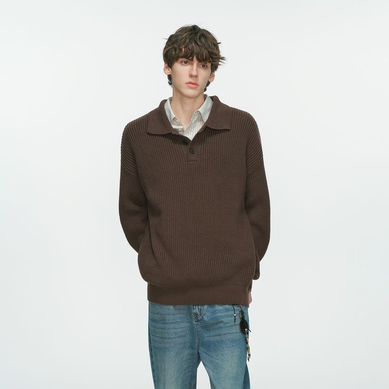 

Dream Made Old Money Style Retro Lapel Polo Shirt Sweater for Men, Loose and Lazy Knit Top for Autumn Brown XL