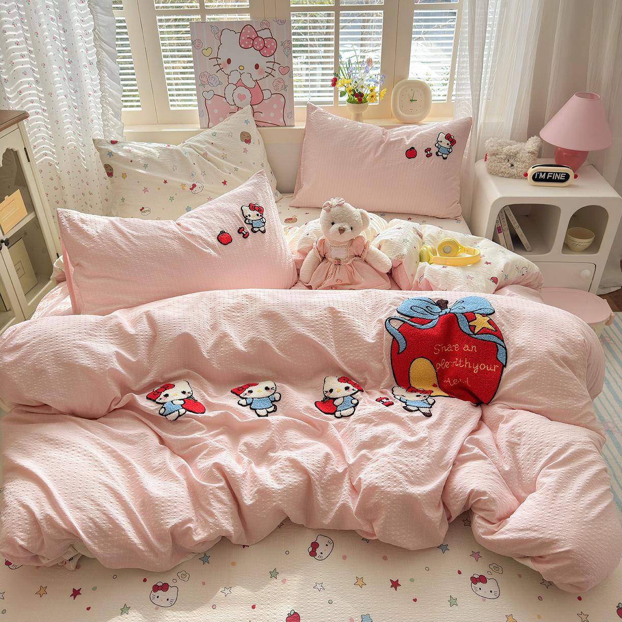 Adorable Cartoon Dog & Cat Embroidered Bedding Set – Skin-Friendly, Perfect for Single Student Dorm Rooms (3-Piece Duvet Cover & Towel Included) One Pillowcase