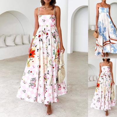 Summer Women's Elegant Printed Elastic Back Dress Vacation Styles French Floral Halters Long Dresses