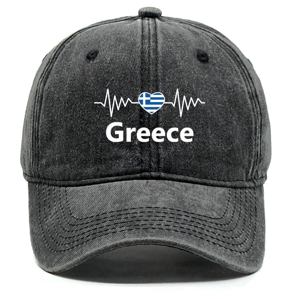 Heart Wave Greece Flag Print Snapback Sun Hat, Patriotic Mesh Hat Inelastic All-season Solid Color Fit Adjustable Baseball Cap