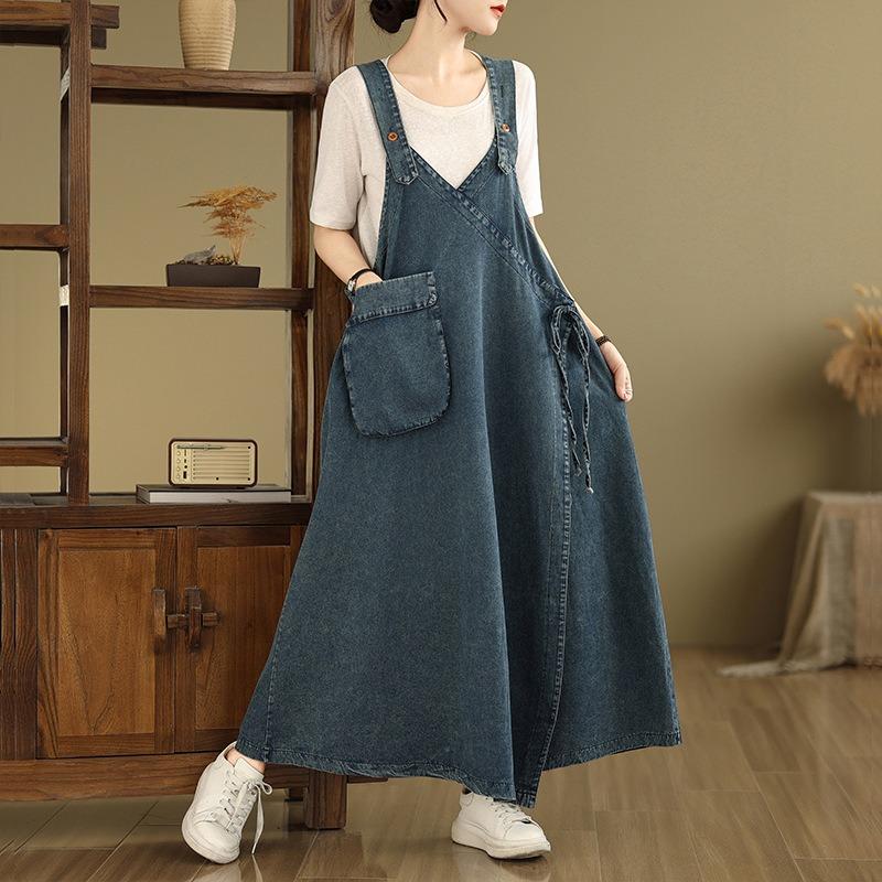 Gonna a salopette in denim retrò da donna per primavera, autunno ed estate, vestito ampio taglie forti