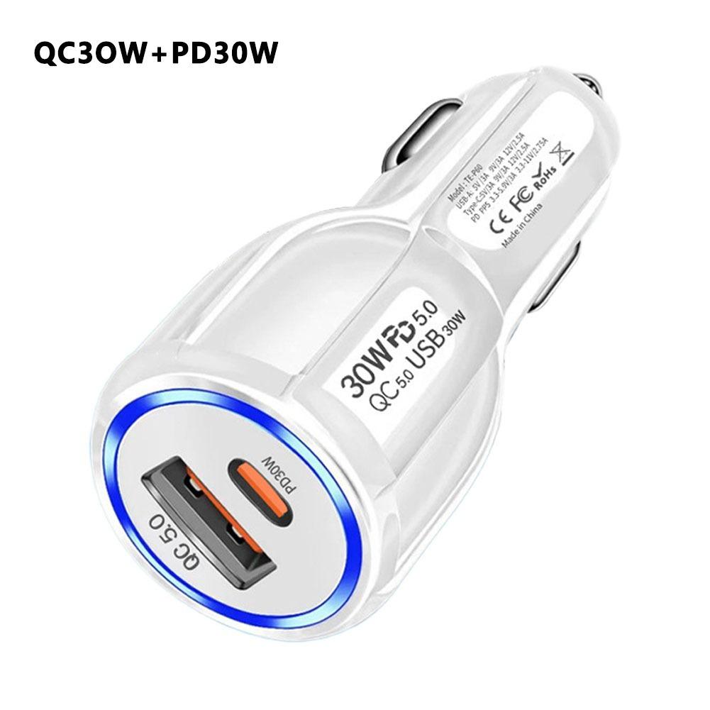 QC 3.0 & PD 12W 30W 2 Ports Car Charger Fast Charging Car Cigarette Lighter Flash Charge For Phones Car Adapter Socket
