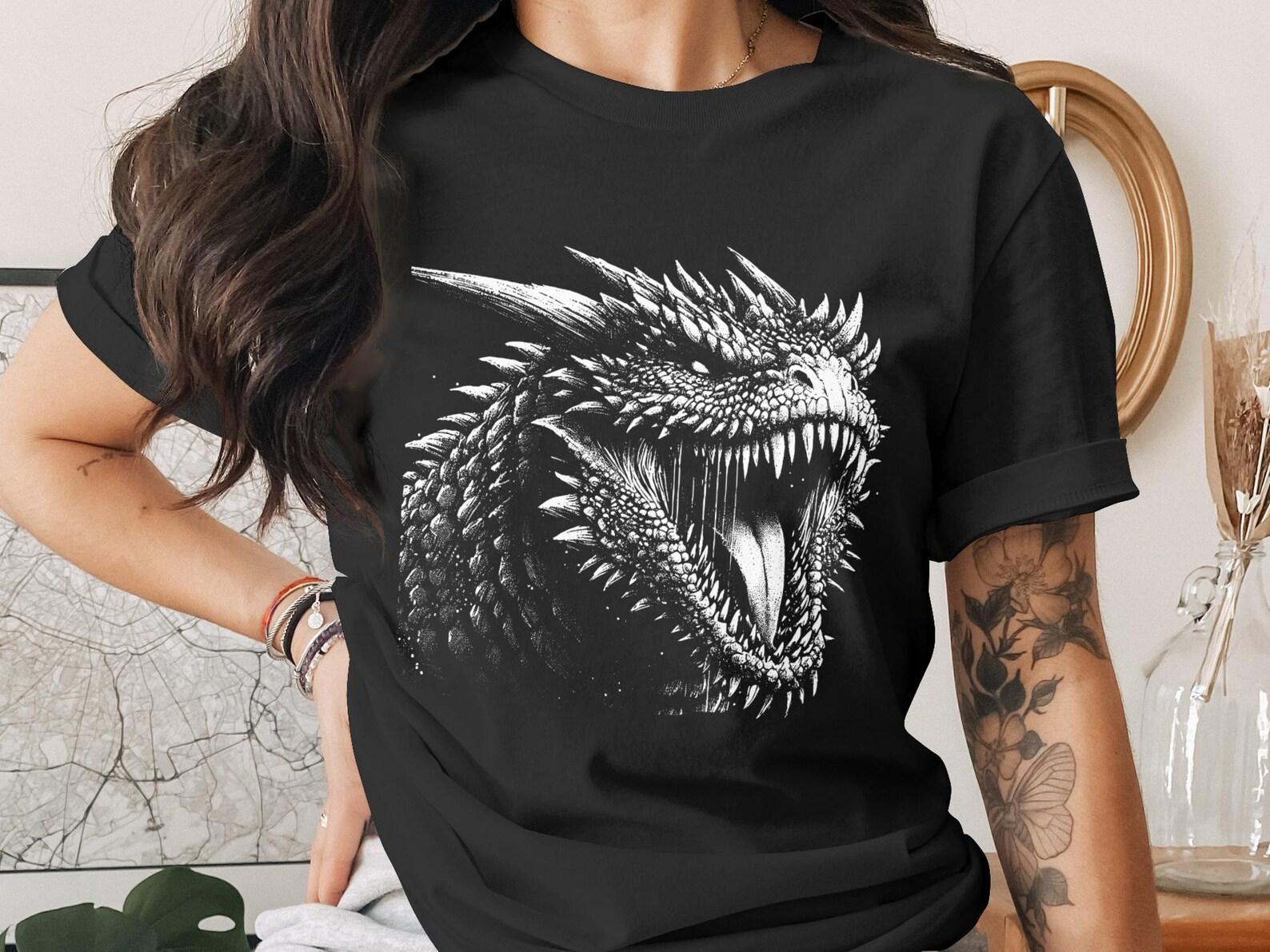 Dragon Head T-Shirt, Menacing Fantasy Dragon Graphic Tee, Gothic Gaming Apparel, Mythical Creature Shirt, Bold Black and White Dragon Gift 2XL