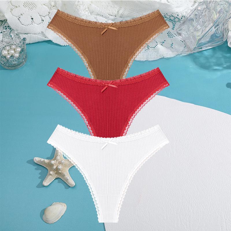 FINETOO 3PCS/Set Women Cotton Panties 5 Solid Color Low Waist Threaded G-string Lingerie Fashion Sexy thongBreathable Underpants