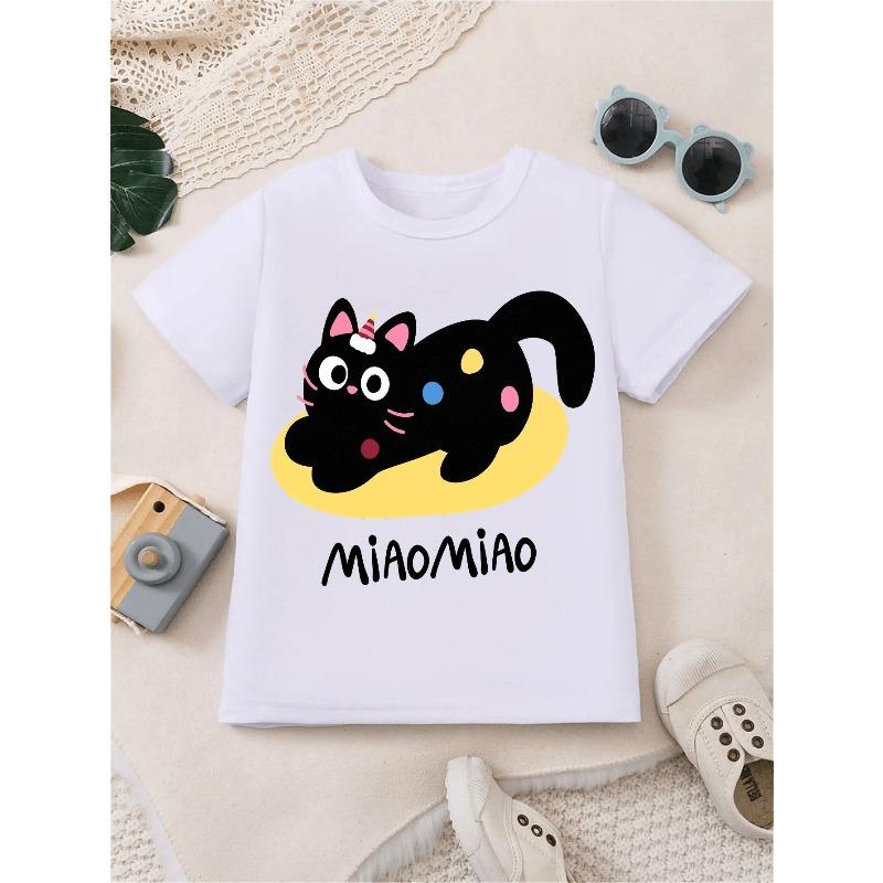 Kids Crew Neck Short Sleeve T-Shirt with Cartoon Black Cat, Polka Dots and MiAo Letter Print 110 белый