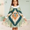 Girls Faux Fur Collar Long Sleeve Printed A Line Flared Dress With Bow