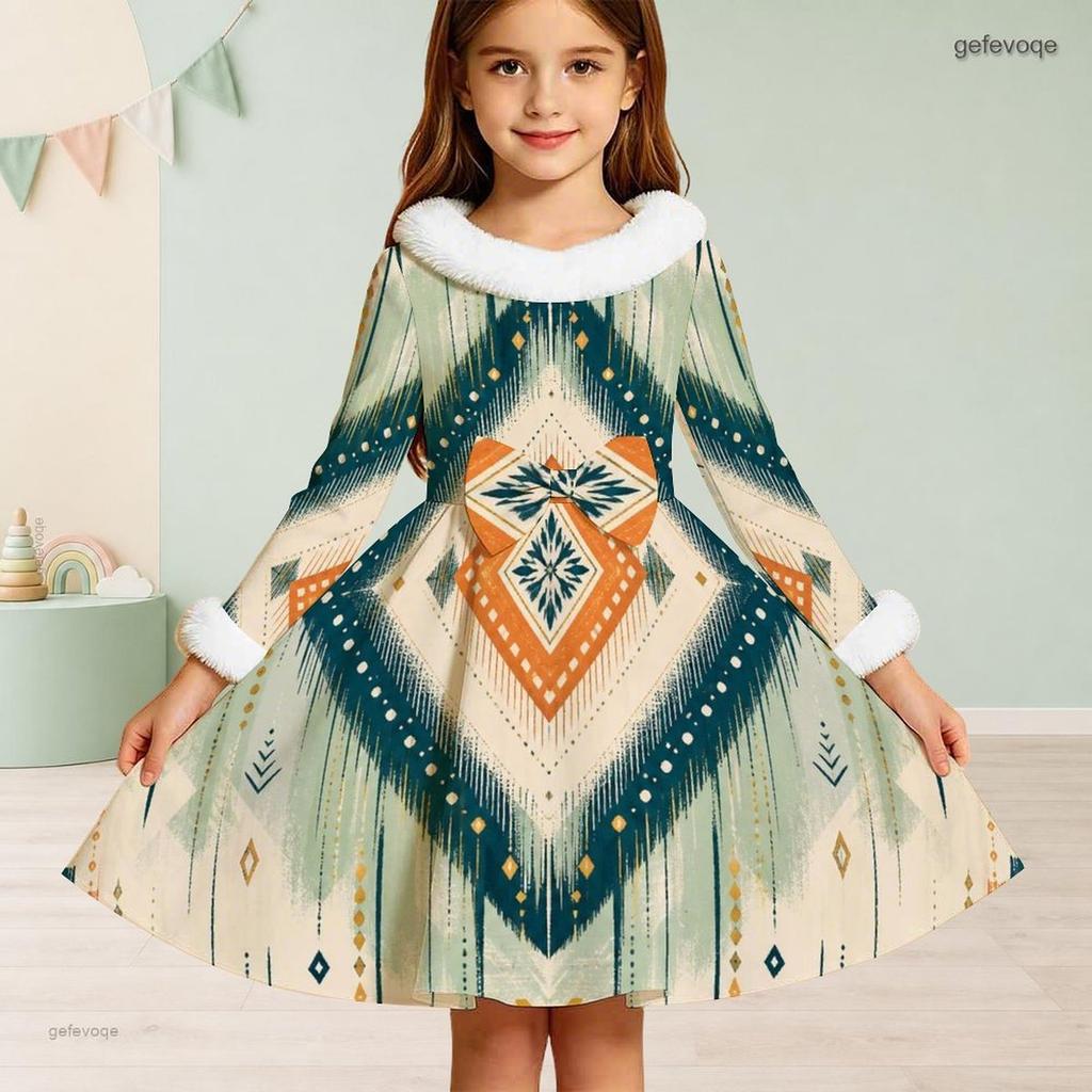 Girls Faux Fur Collar Long Sleeve Printed A Line Flared Dress With Bow