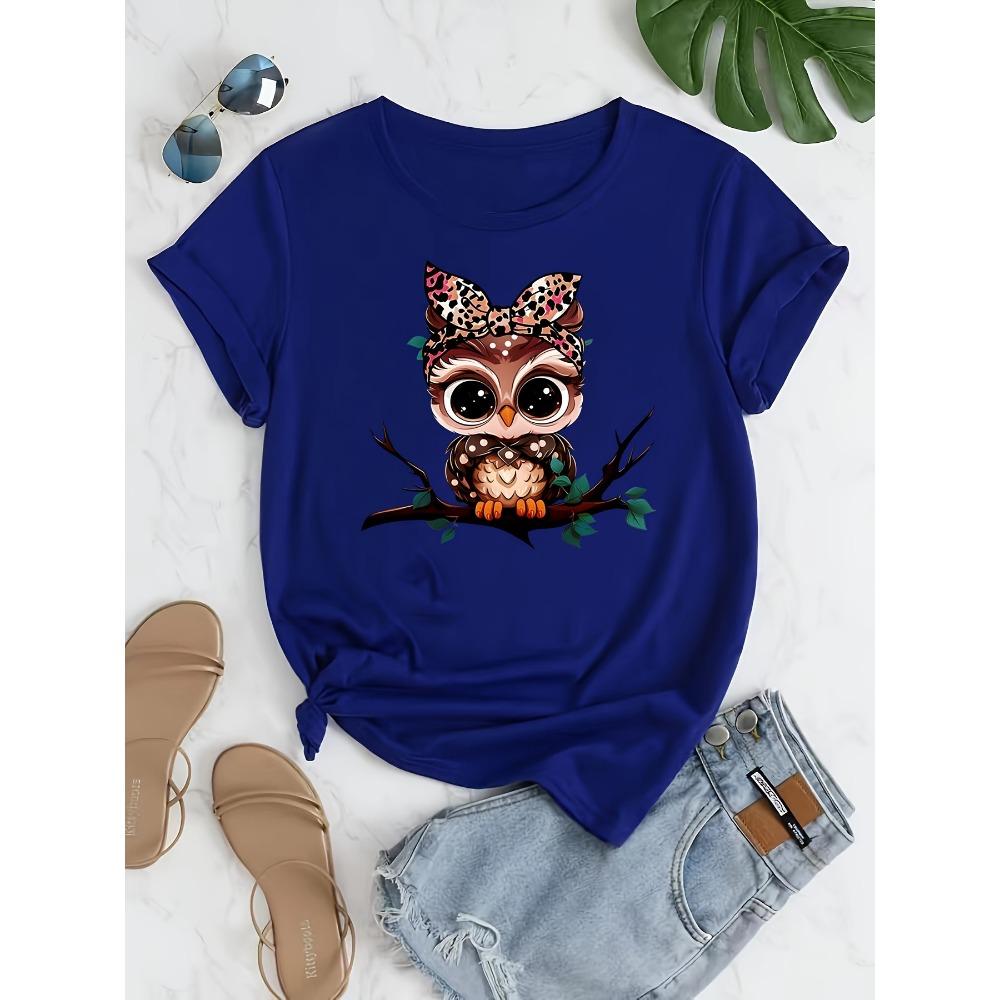 Women Cotton Short Sleeves T-shirts Leopard Bow Owl Women's Tee Cute Animal Graphic Casual Everyday Top