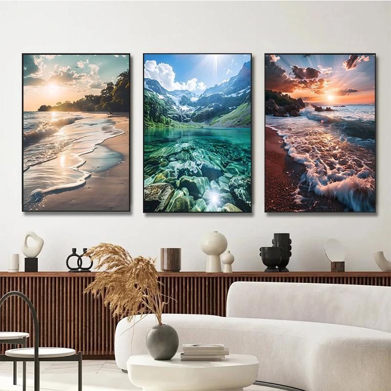 Lume Peisaj Natural Peisaj Mare Munți și râuri poster Pictură pe pânză Artă de perete Imagini cu peisaje Camera de zi Decor pentru casă