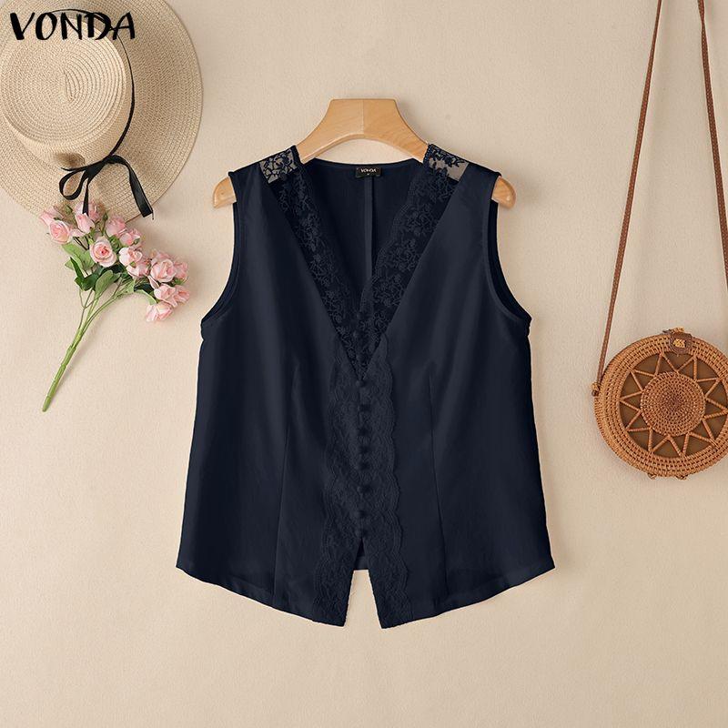 

VONDA Women Summer Casual V-Neck Sleeveless Lace Hem Crochet Tank Tops 5XL темно-синий