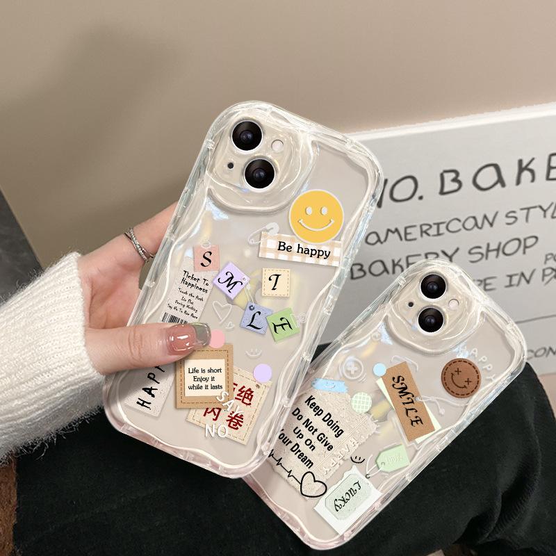 Applicable to Apple 15 mobile phone case iPhone14promax/13 smiley face label English 16/12 transparent silicone 17