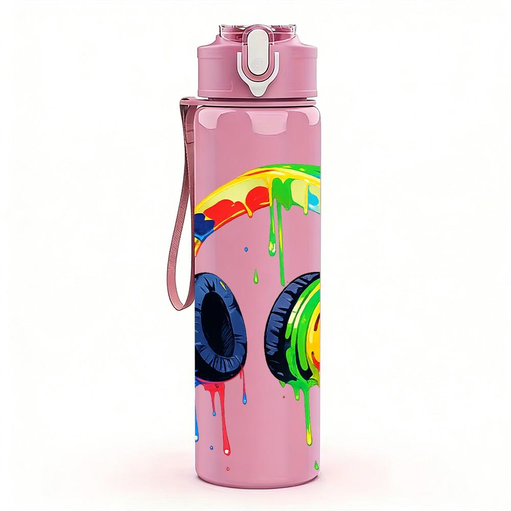 1PC Rainbow Color Over Ear Headphone Print 750ml Color Plastic Sports Water Bottle Leakproof Flip Straw Lid Suitable for Sports Office Home Use