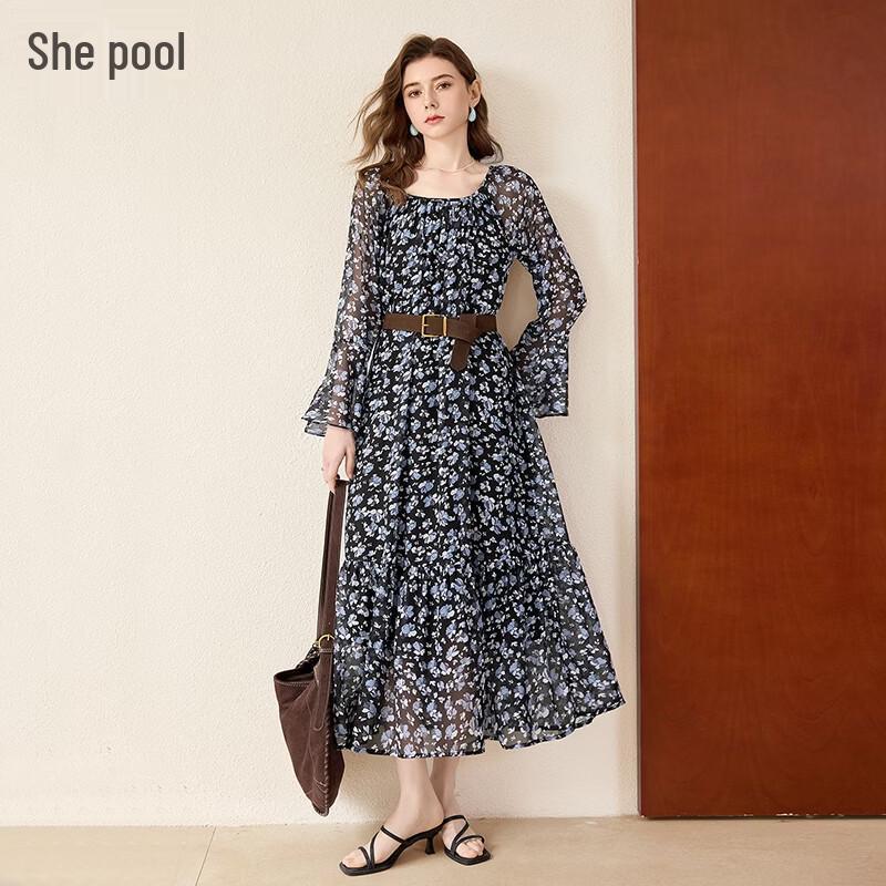 Women s French Retro Floral A-Line Dress M