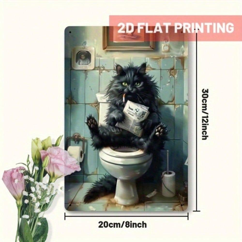Funny Black Cat Reading Newspaper On Toilet Tin Metal Sign Wall Art Home Decor 8x12 Inch