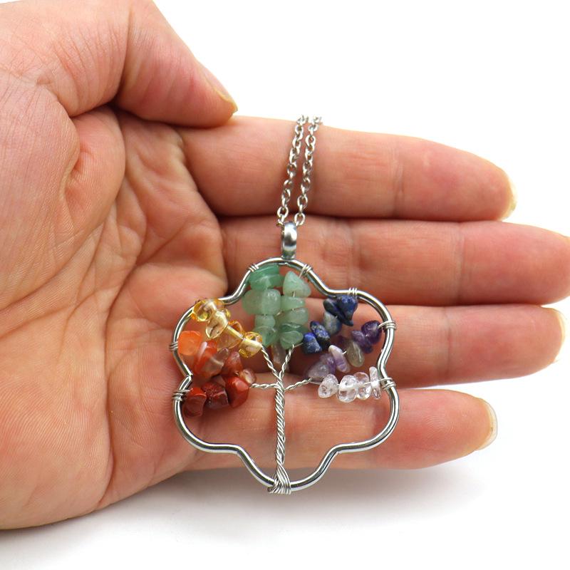 Silver Wire-Wrapped Flower Tree of Life Crystal Pendant Necklace N72