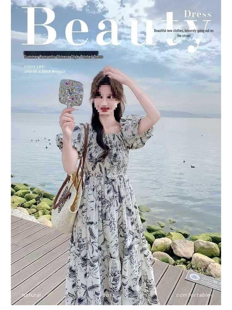 Elegant Summer Floral Dress for Women: Light Luxury, Waist-Cinched, Slimming, Goddess Style