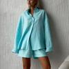 Women's Casual Shorts Sets 100% Cotton Solid Color Cozy Lapel Long Sleeve Shirt Summer Elastic Waist Shorts Suits
