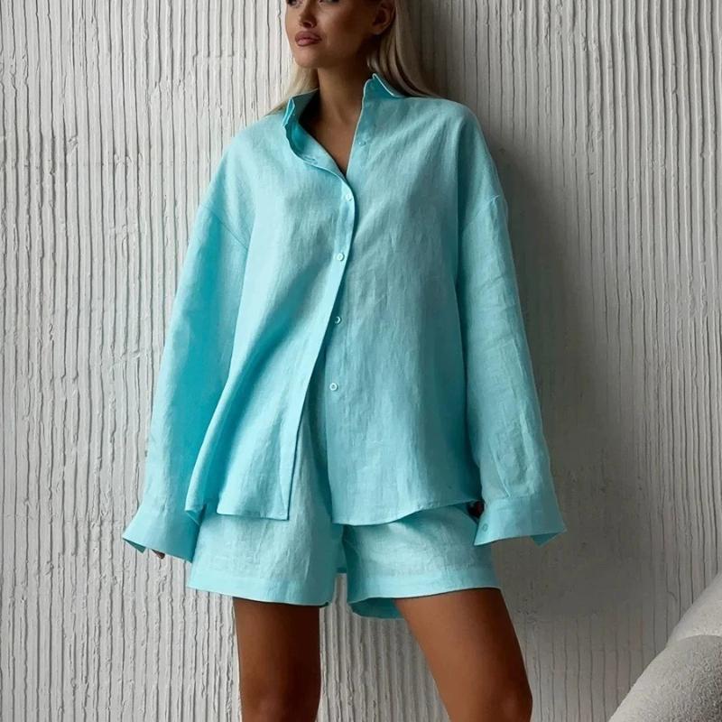 

Women s Casual Shorts Sets 100% Cotton Solid Color Cozy Lapel Long Sleeve Shirt Summer Elastic Waist Shorts Suits 2XL