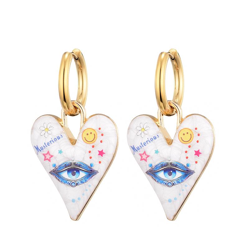 New Trendy Cute Heart Eye Stainless Steel Hoop Earrings For Women Colorful Vintage Enamel Gold Color Pendant Love Female Jewelry