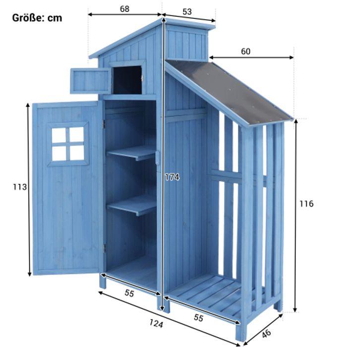 Abri à outils - MUVOE - 124x46x174 cm - Bois massif - Couleur bleu - Étanche