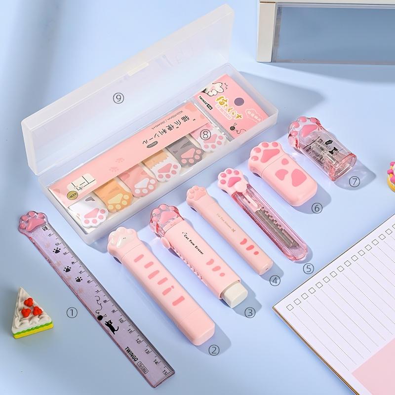 9-delige Kattenpoot Schrijfwaren Doos Set, Vouwschaar & Liniaal & Gum & Correctietape & Lijmtape in Potlooddoos Kinderbeloning