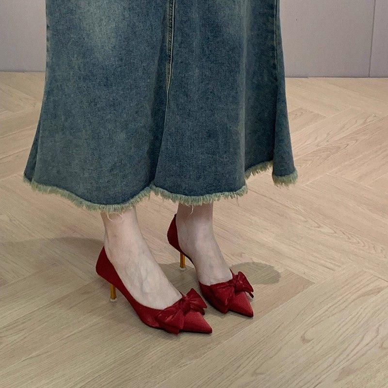 Bridesmaid shoes side empty high heels elegant bow feeling pointed temperament