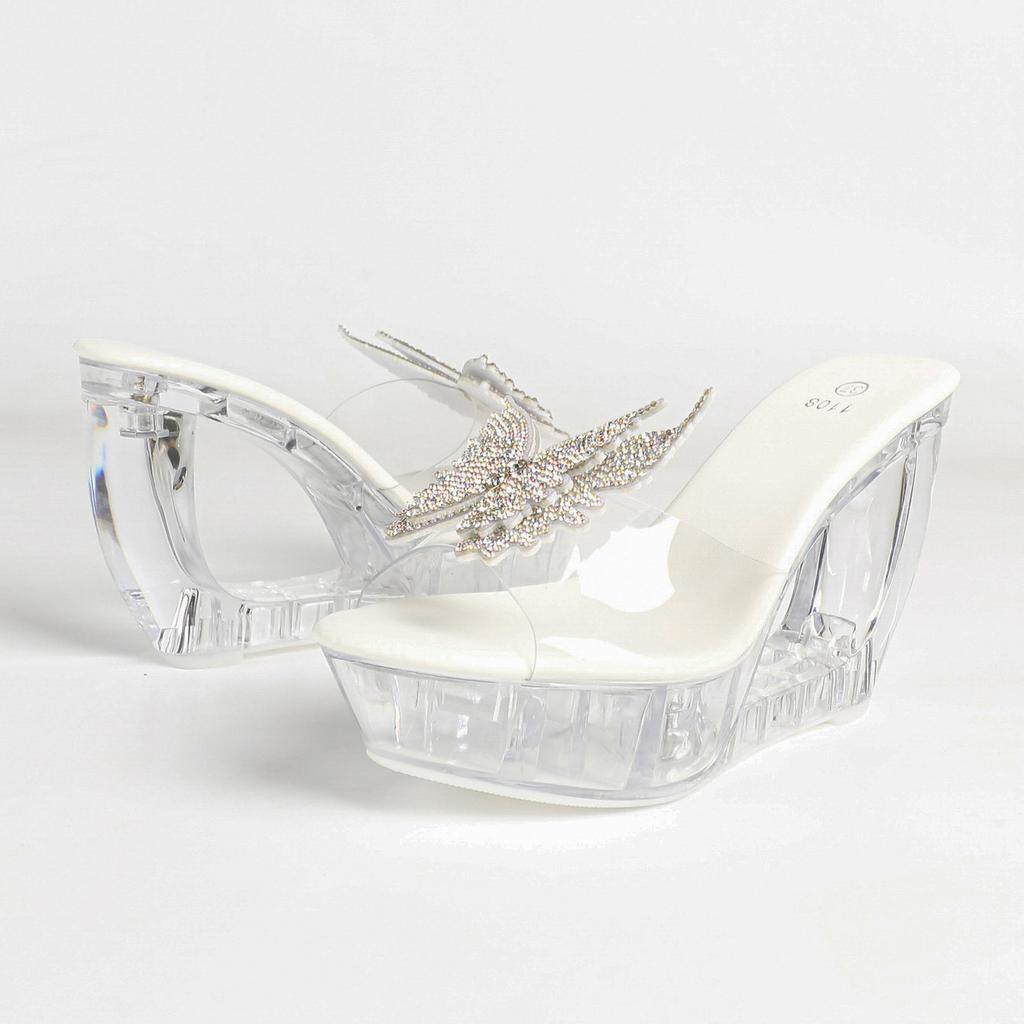 Women's Clear Transparent Platform Slippers, Thick Curved Block Heels, Sparkly Rhinestone Summer Sexy Slip On Sandals
