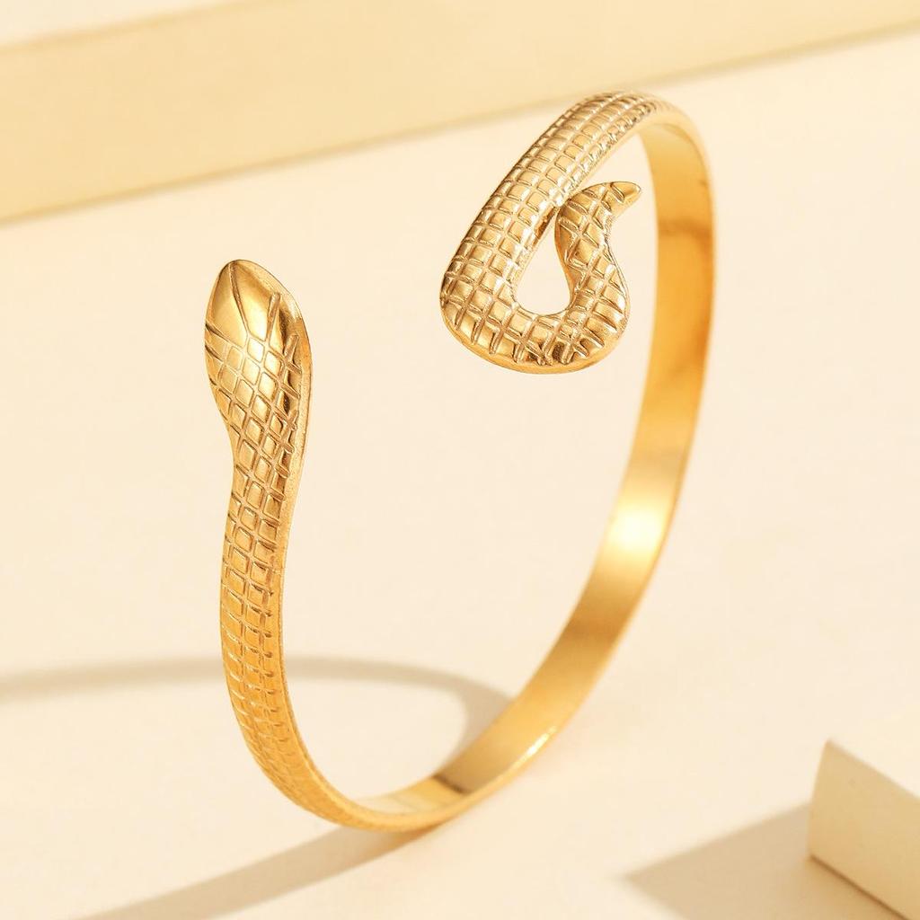 Retro Punk Coiled Snake Open Stainless Steel Gold-Plated Women’s Bracelet