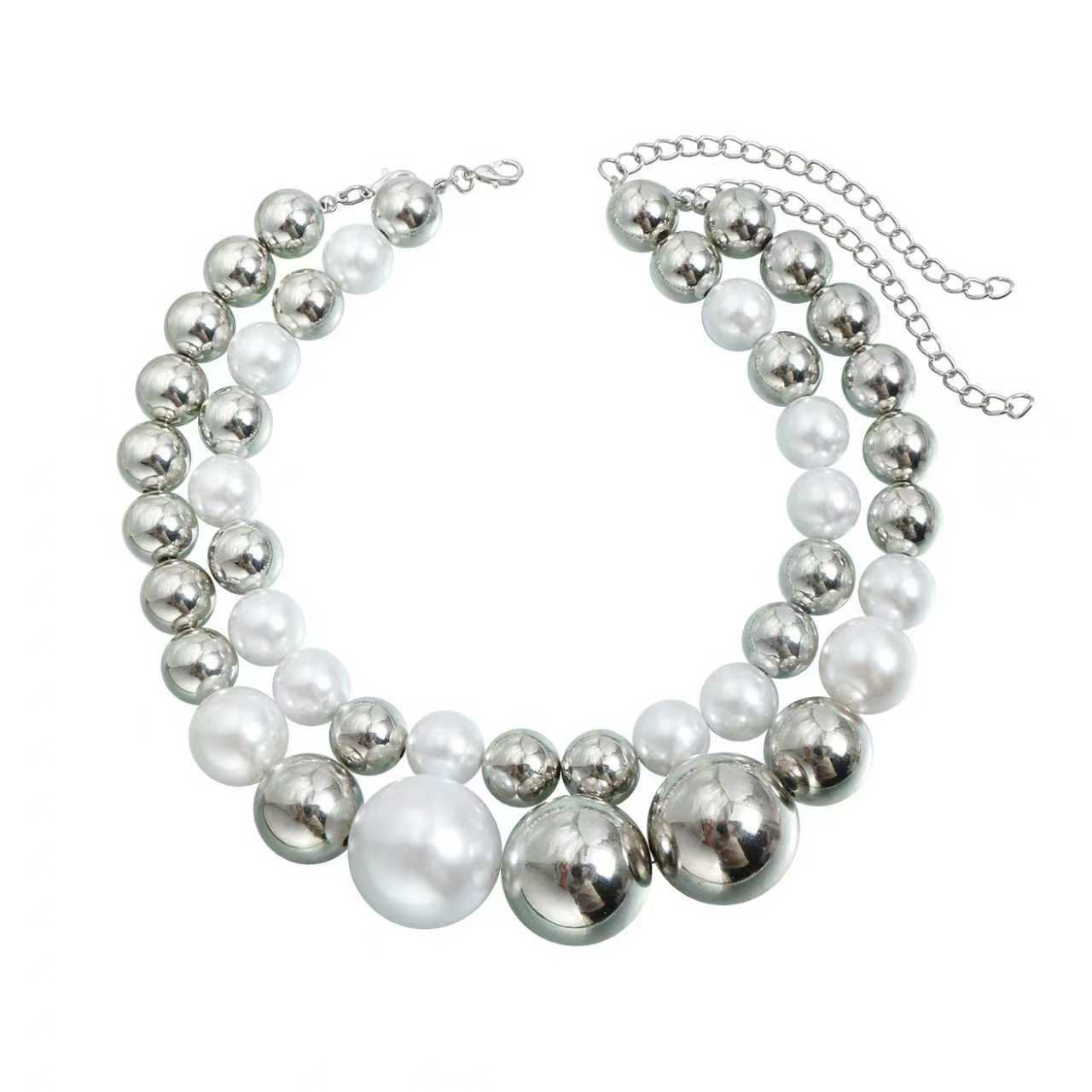 Exaggerated personality silver ball pearl necklace ins splicing spicy cool less wind yk neck chain