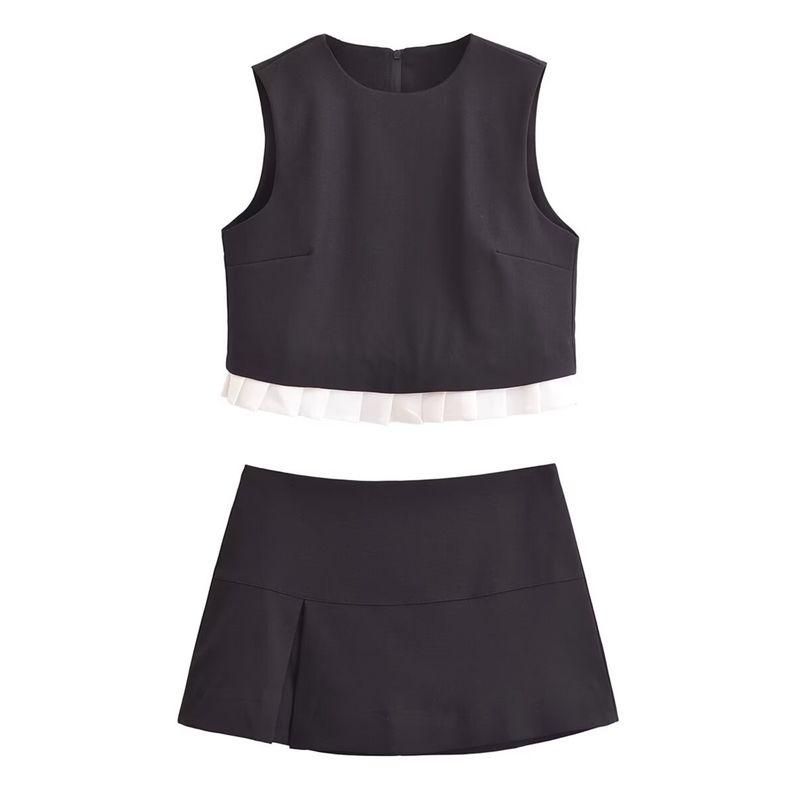Kaslead New Arrival Women's Clothing Fashion Style Retro Fashion Pleated Contrast Color Sleeveless Short Skirt Suit