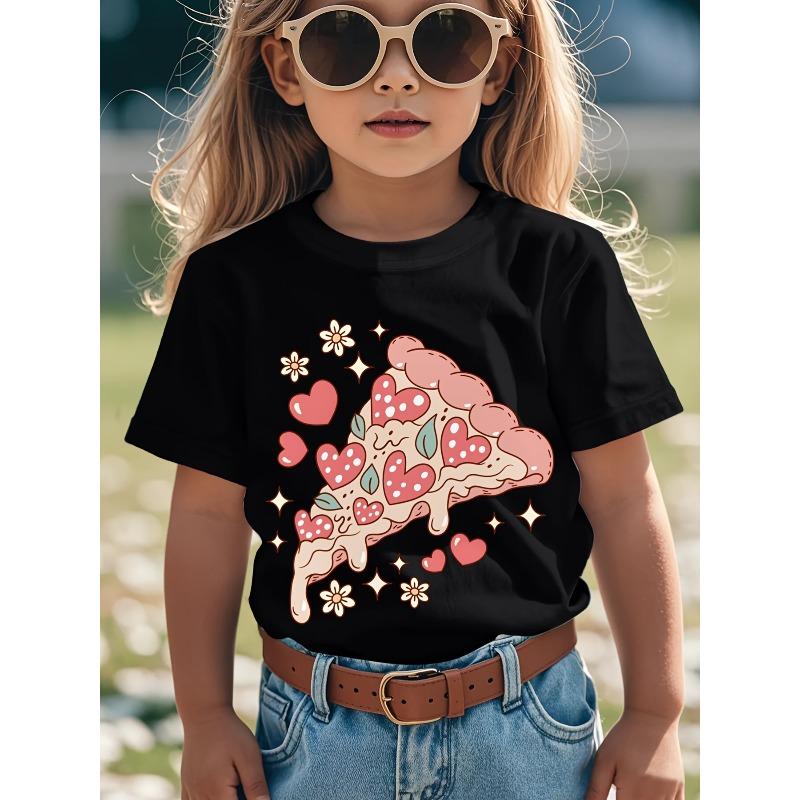 European sizes Girls' Heart Pizza Slice Flowers Stars Valentine'S Day Short Sleeve T-Shirt | Cute Cartoon Print, Stretchy Breathable Fabric
