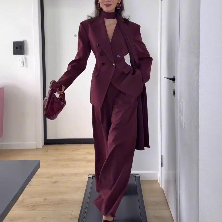 2025 Autumn Women's Fashionable & Versatile Professional Suit: Comfy Jacket & Wide-Leg Pants Set