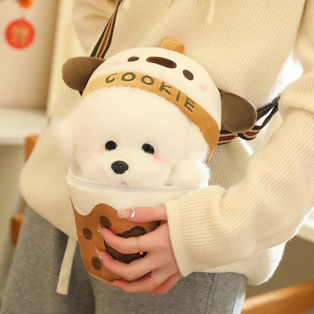 Tea Cup Dog Milk Tea Cup Cute Dog Doll Cross Shoulder Bag Doll Creative Simulation Bomei Plush Toy Girl Gift