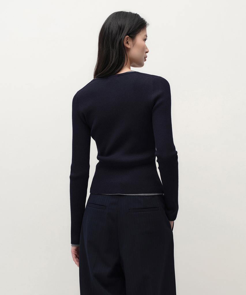 MUSINSA STANDARD WOMAN Women'S Ribbed Slim Henley Neck Knit [Navy]