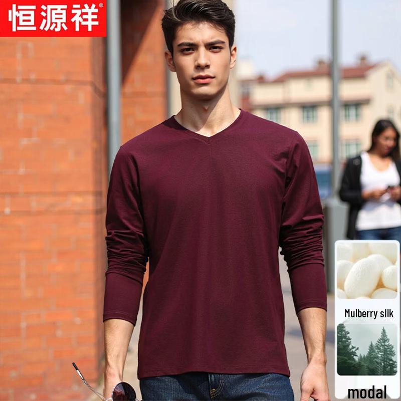 Men's Mulberry Silk Blend V-Neck Long-Sleeve T-Shirt