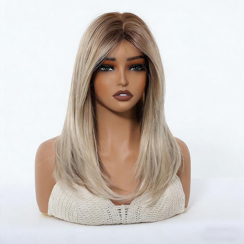 Women's Fashion Medium-Long Wig, Ash Blonde Side-Part Fringe High-Temperature Fiber Synthetic Hairpiece