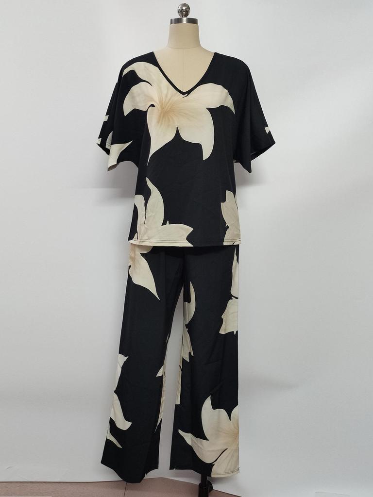 European & American Summer 2025 V-neck Batwing Top and Long Pants Two-piece Set